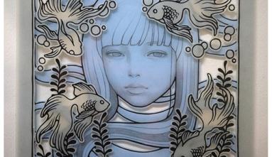 Art by Audrey Kawasaki; a woman in blue in the background and in the foreground, fish, seaweed and bubbles